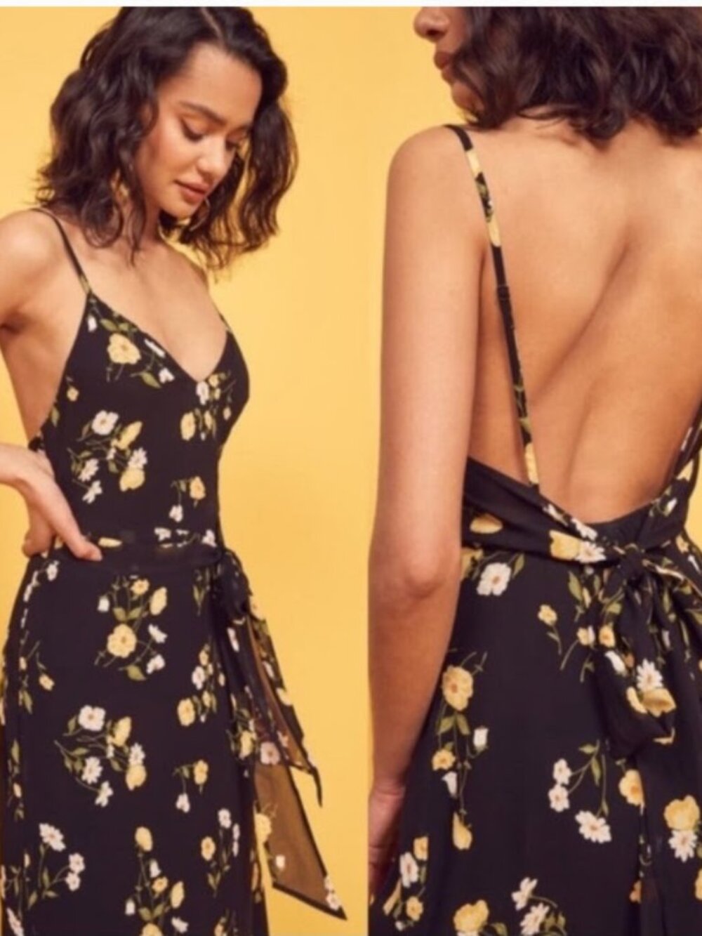Reformation Dietrich Black Yellow Floral Dress Midi Flare Skirt Open Back Large - Picture 12 of 12